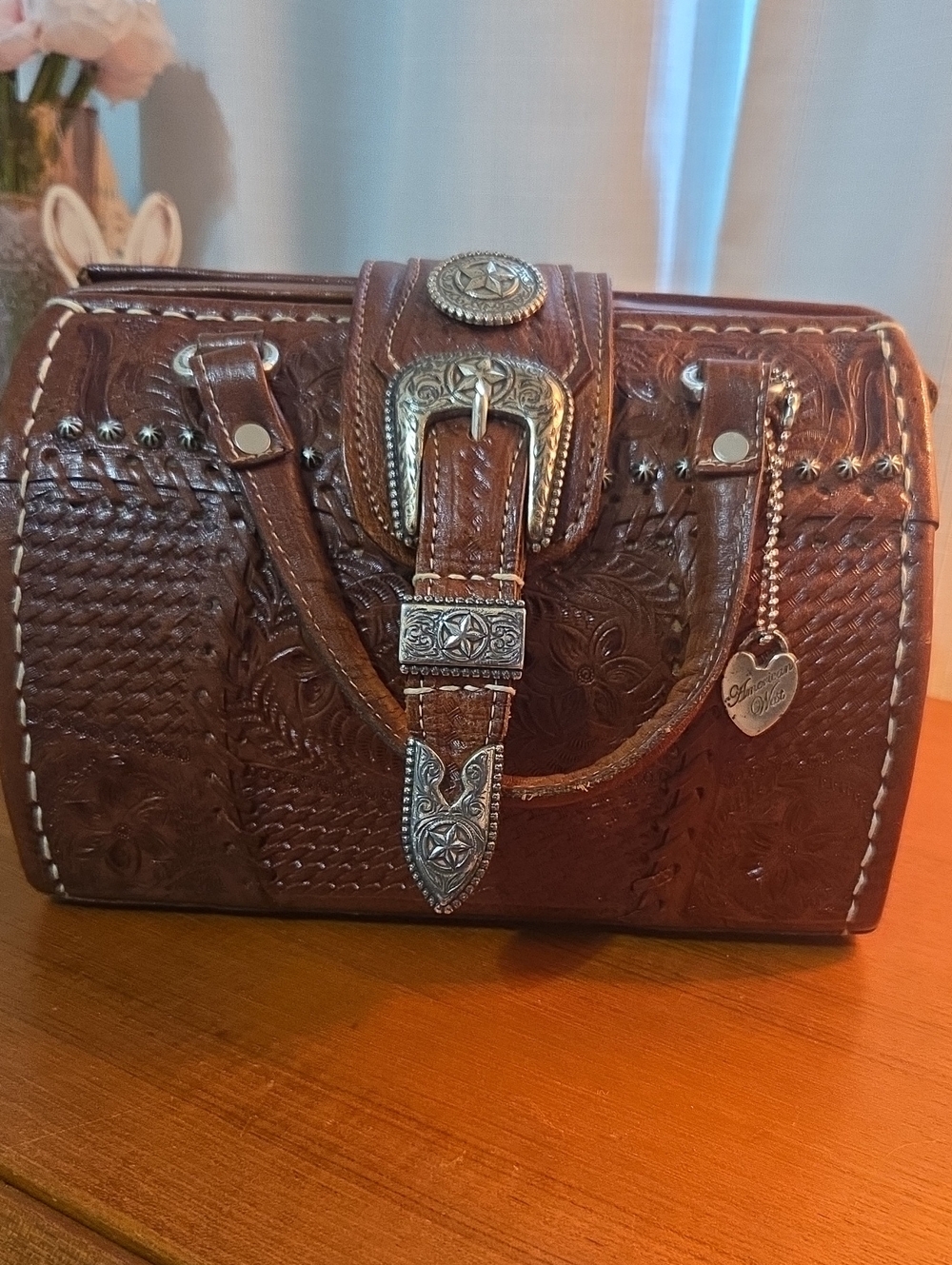 Hand-Tooled Brown Leather Satchel/Doctor's Bag with Silver Concho Detail